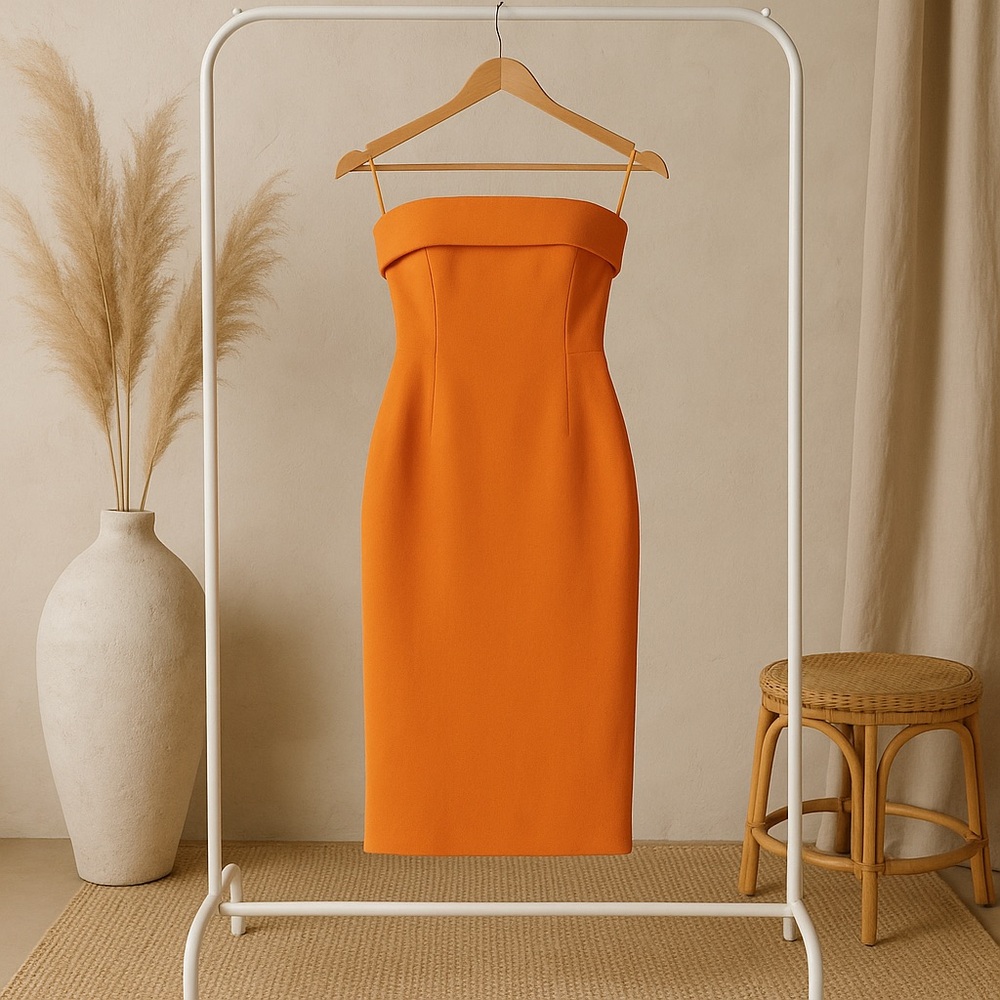 Women’s Orange Idem Ditto Strapless Fitted Midi Large Dress Back Zipper & Slit - Picture 3 of 9